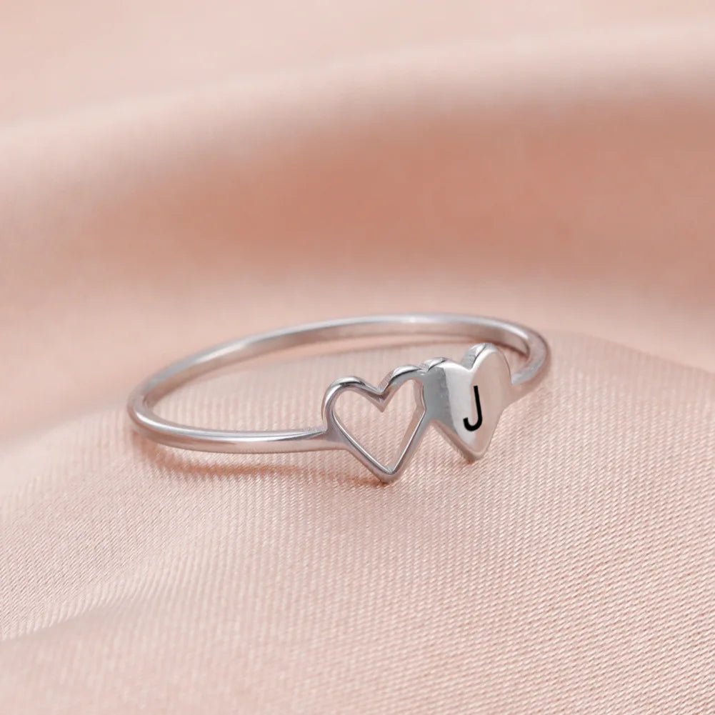 HIPEE Stainless Steel Letter Ring - A-Z Alphabet Double Heart Hollow Charm Ring for Women Wedding Jewelry Gift