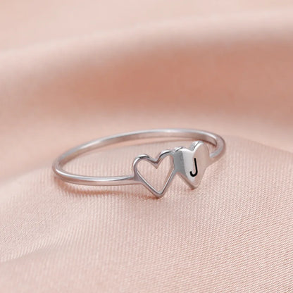 HIPEE Stainless Steel Letter Ring - A-Z Alphabet Double Heart Hollow Charm Ring for Women Wedding Jewelry Gift