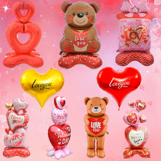 Happy Valentine’s Day Heart Balloon Stand Set – Love Bear & Heart-to-Heart Balloons Wedding Party Decoration