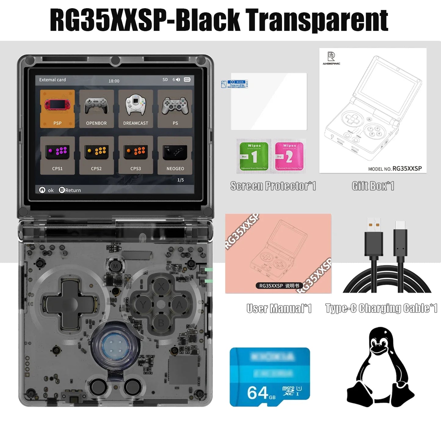 ANBERNIC RG35XXSP Flip Handheld Game Console – 3.5” IPS Display, 64GB, 64-Bit Linux, Online Play