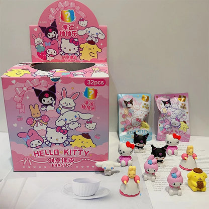 32pcs Blind Box Cartoon Erasers — Cute Kitty, My Melody & Kuromi KT Cat Mystery Box, Fun Stationery for Students & Birthday Gifts