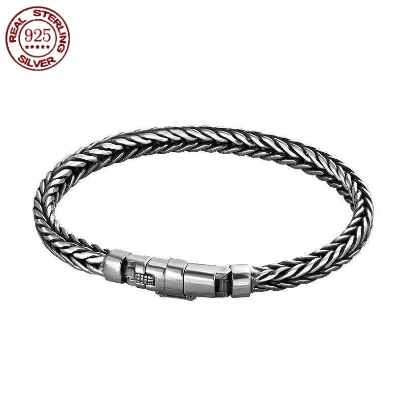 100% S925 Sterling Silver Handmade Woven Bracelet — Retro Domineering Style for Men & Women, Pure Silver Jewelry