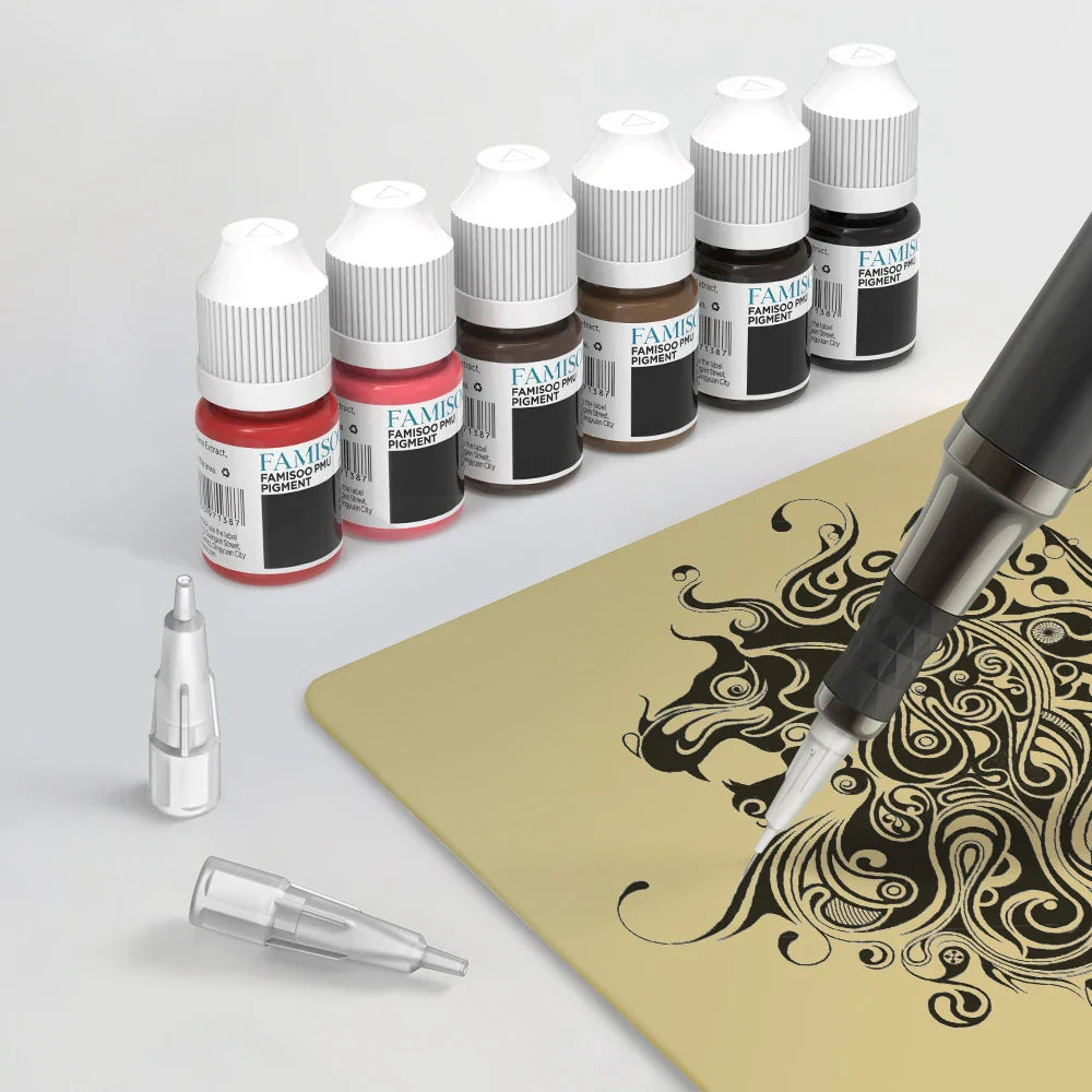 FAMISOO Professional Permanent Makeup Tattoo Machine Kit – Eyebrow, Eyeliner, Lip & Body with 6 Pigment Needles