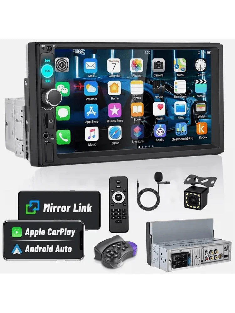 7-Inch 1DIN Touchscreen Car Stereo - Apple CarPlay, Android Auto, Bluetooth & Backup Camera Support