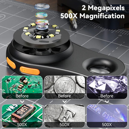 2.0 Inch 500X Digital Microscope - 1080P Video Coin Microscope with Magnifying Glass & 8 LEDs, for Electronics Repair, Windows/Mac