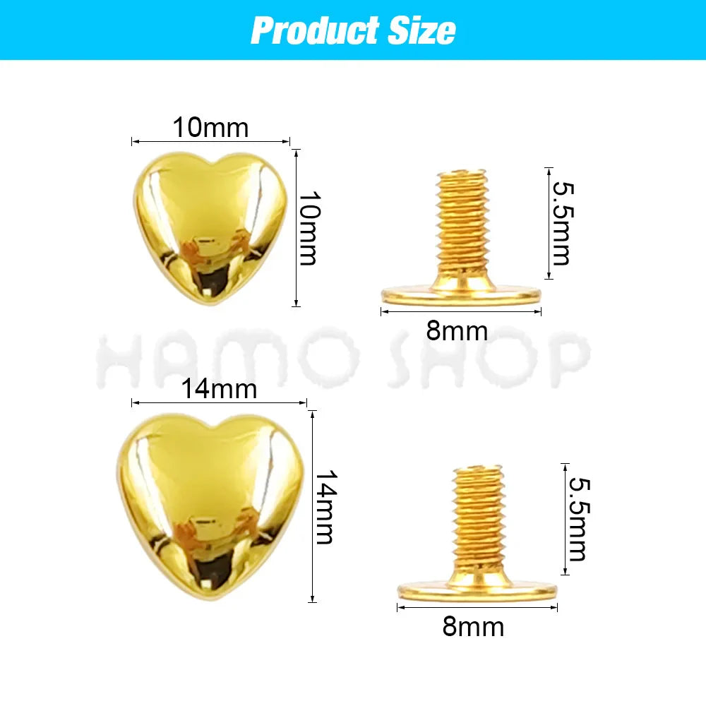 10 Set Heart-Shaped Metal Screwback Rivets 10/14mm – Screw Studs for Leathercraft, Garments, Belts & Bags