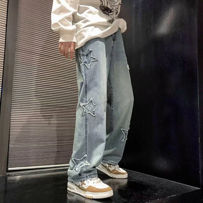Stars Patchwork Men’s Jeans — Y2K Tassel Straight Hip Hop Streetwear Pants, Korean Fashion Trousers