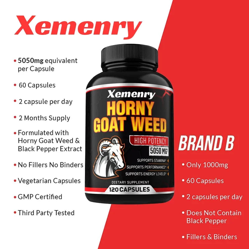 Men’s Horny Goat Weed 5050mg Capsules – Herbal Male Vitality Supplement with Black Pepper Extract for Energy & Performance Support