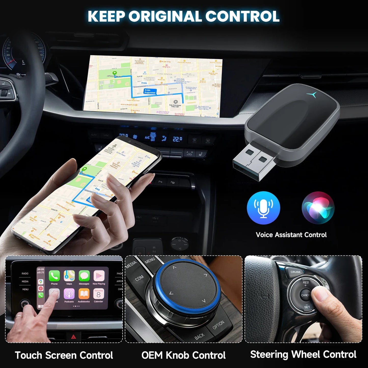 2-in-1 Wired to Wireless CarPlay & Android Auto Adapter — Plug & Play Wireless Car Multimedia Adapter