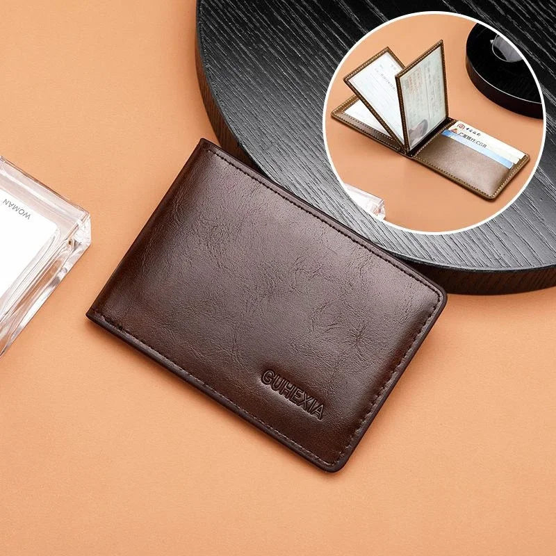 Retro Leather Driver’s License Wallet – Ultra-Thin Men’s ID Card Holder with Coin Purse, Multifunctional Slim Solid Color Short Wallet