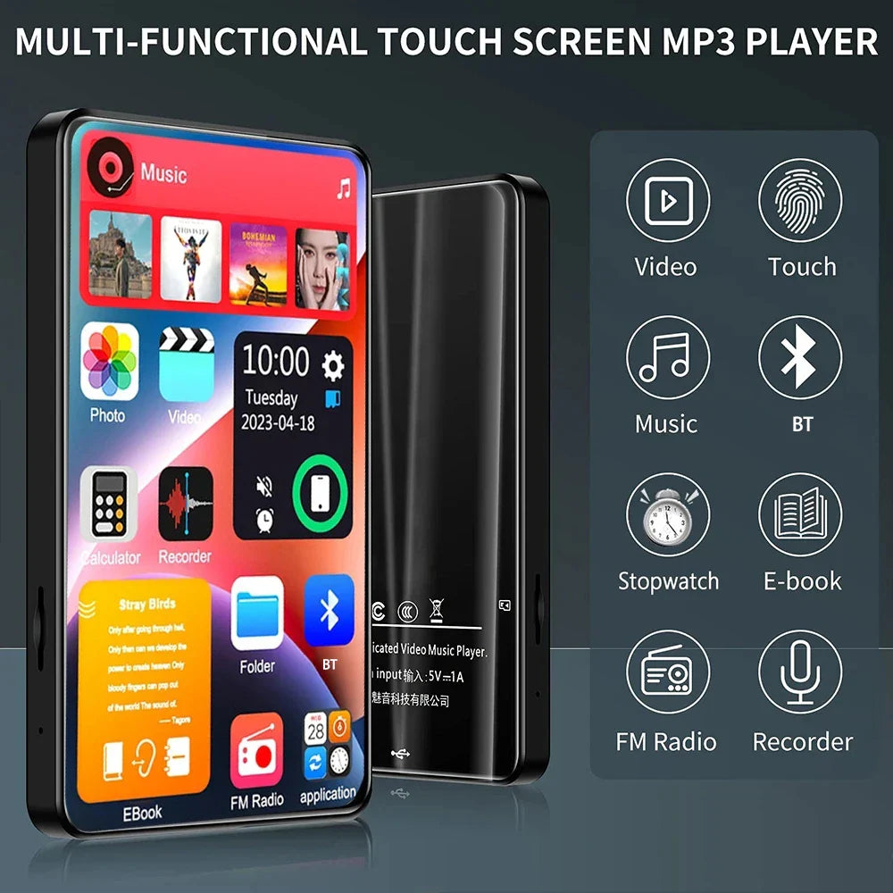 HD MP3 MP4 Player – Full Touch Screen, Bluetooth 5.2, 16GB, Built-in Speaker, Music Player, FM Radio, Recording & Ebook