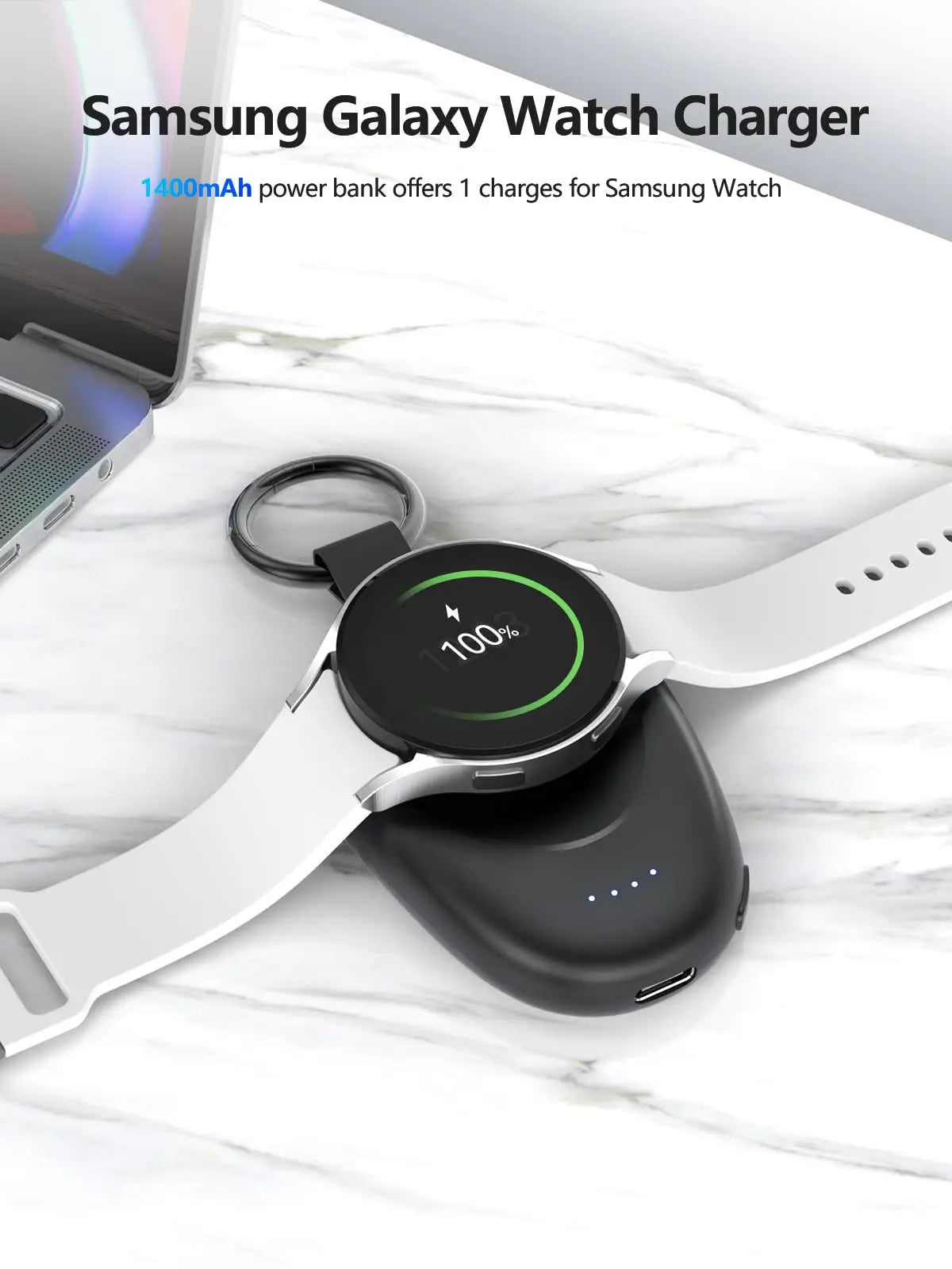 1400mAh Magnetic Keychain Power Bank — Portable Wireless Charger for Galaxy Watch 7/Ultra/6/6 Classic/5 Pro/4/3 & Active 2