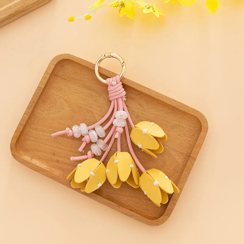 Genuine Leather Flower Bag Pendant Keychain – Original Handmade Osmanthus & Tulip Design, Exquisite Floral Charm for Bags & Accessories