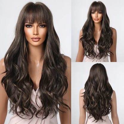 Brown Long Wavy Wig for Women with Bangs — Natural-Look Synthetic Hair, Heat-Resistant for Daily & Cosplay