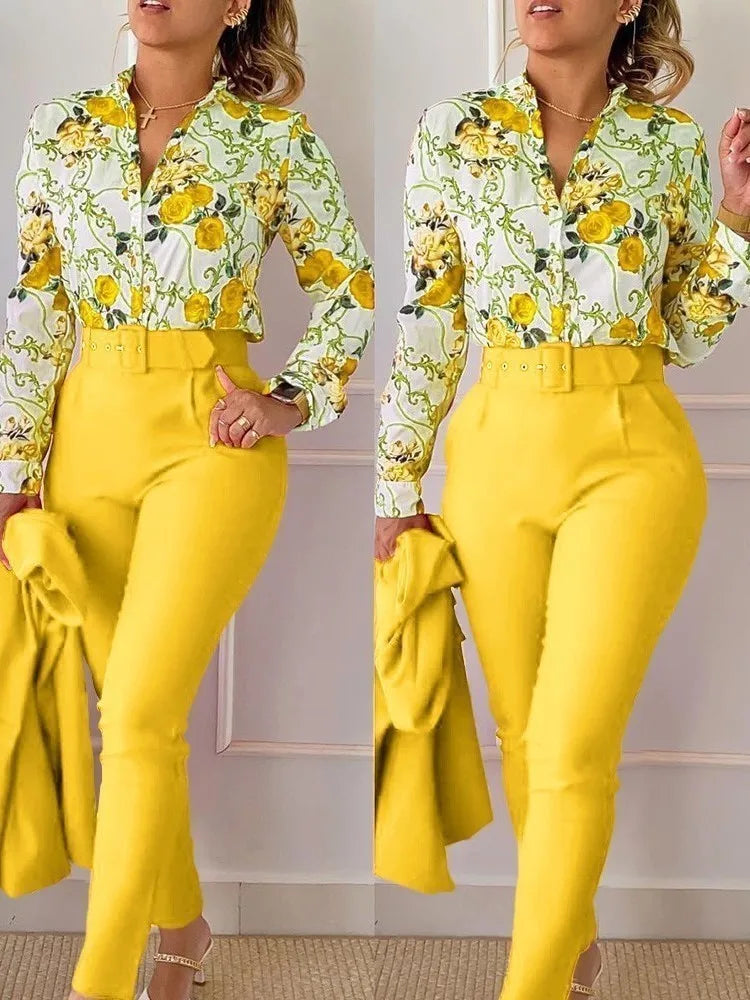 Women’s Autumn Winter Two-Piece Set – Stand Neck Floral Shirt & Pants with Belt, Elegant Casual Outfit