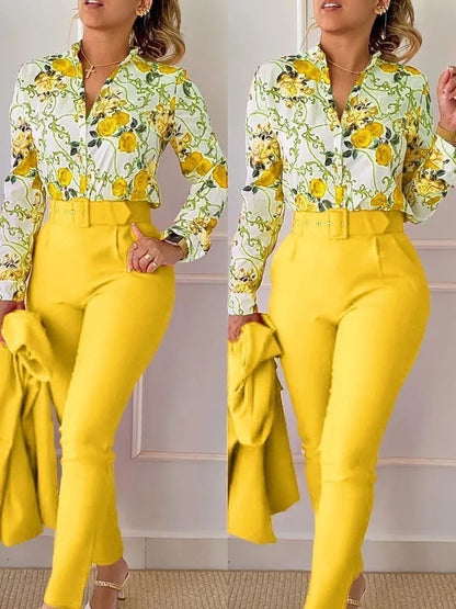 Women’s Autumn Winter Two-Piece Set – Stand Neck Floral Shirt & Pants with Belt, Elegant Casual Outfit