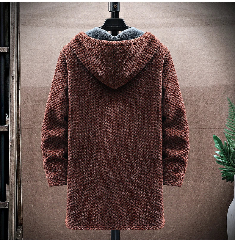 Men's Cashmere Hooded Cardigan Coat – Warm Fleece Long Sweater Jacket for Autumn Winter