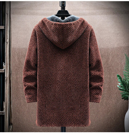 Men's Cashmere Hooded Cardigan Coat – Warm Fleece Long Sweater Jacket for Autumn Winter