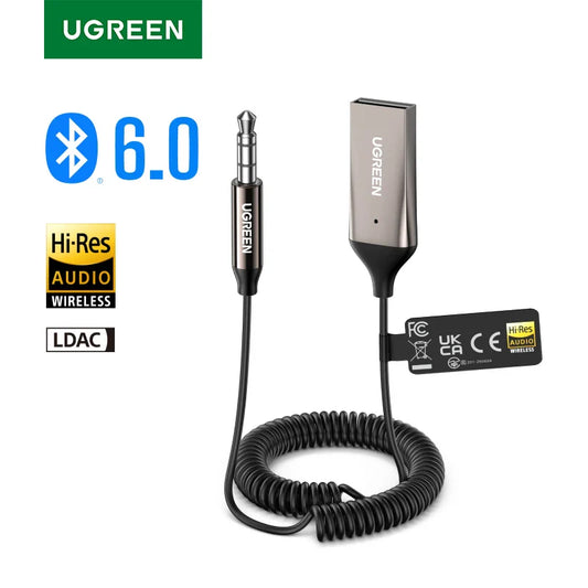 UGREEN Bluetooth 6.0/5.4 AUX Adapter – 3.5mm Handsfree Car Receiver with Mic for Music, Navigation & Wireless Call Streaming