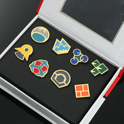 Anime League Gym Badge Set – Metal Brooches from Sinnoh, Johto, Hoenn & Indigo with Pikachu & Squirtle Figure Toys