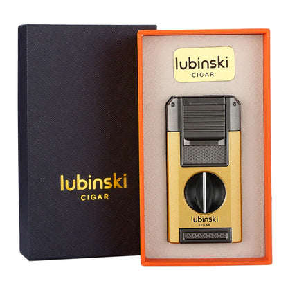 LUBINSKI 2-Torch Cigar Lighter – Metal Butane Gas Lighter with V-Cutter, Punch, and Needle Dredge for Cigar