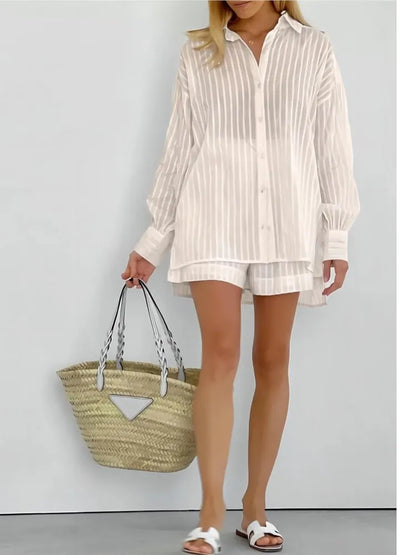 2024 Women’s Two-Piece Set – Solid Cotton Stripe Long Sleeve Shirt & Shorts, Spring/Summer Casual Outfit