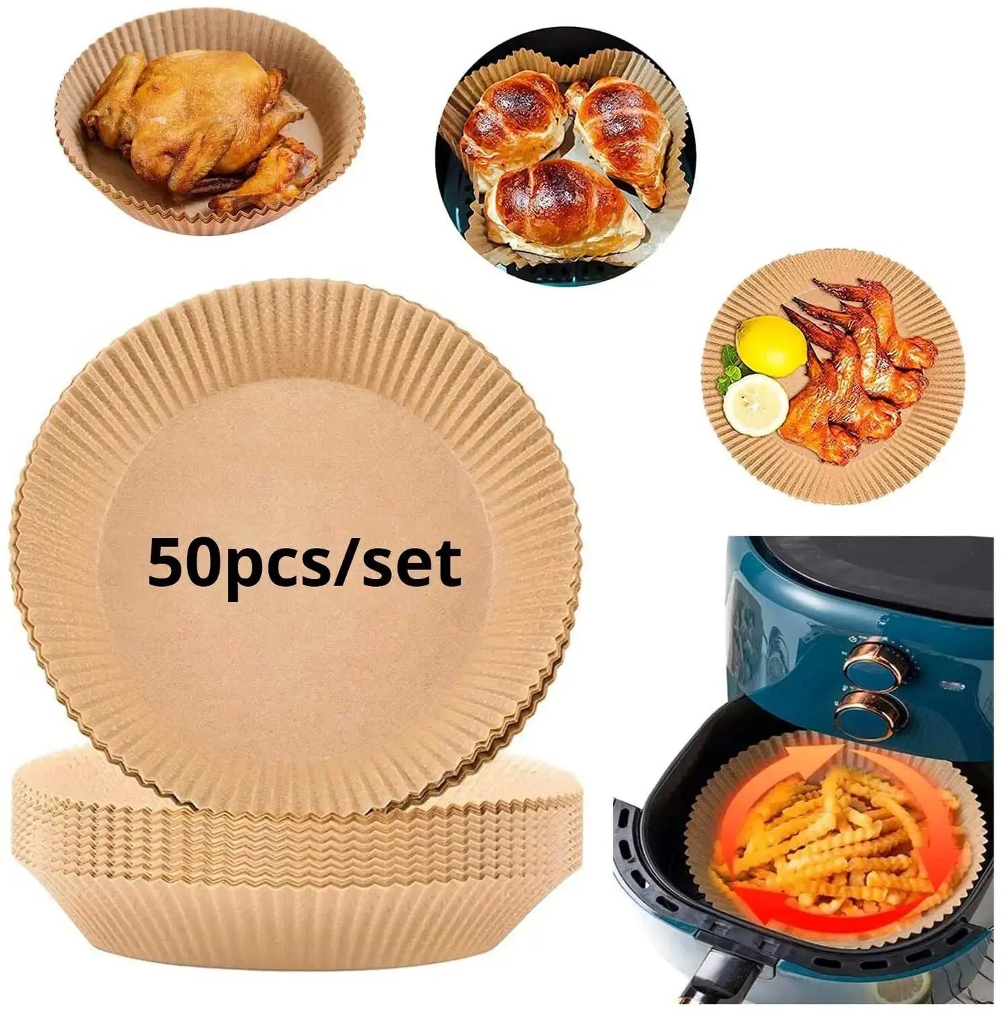 50pcs Disposable Air Fryer Paper Liners – 23CM Oil-Proof and Water-Proof Cooking Trays for Air Fryers and Baking