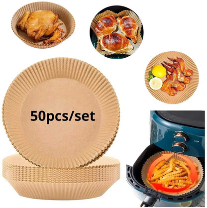 50pcs Disposable Air Fryer Paper Liners – 23CM Oil-Proof and Water-Proof Cooking Trays for Air Fryers and Baking