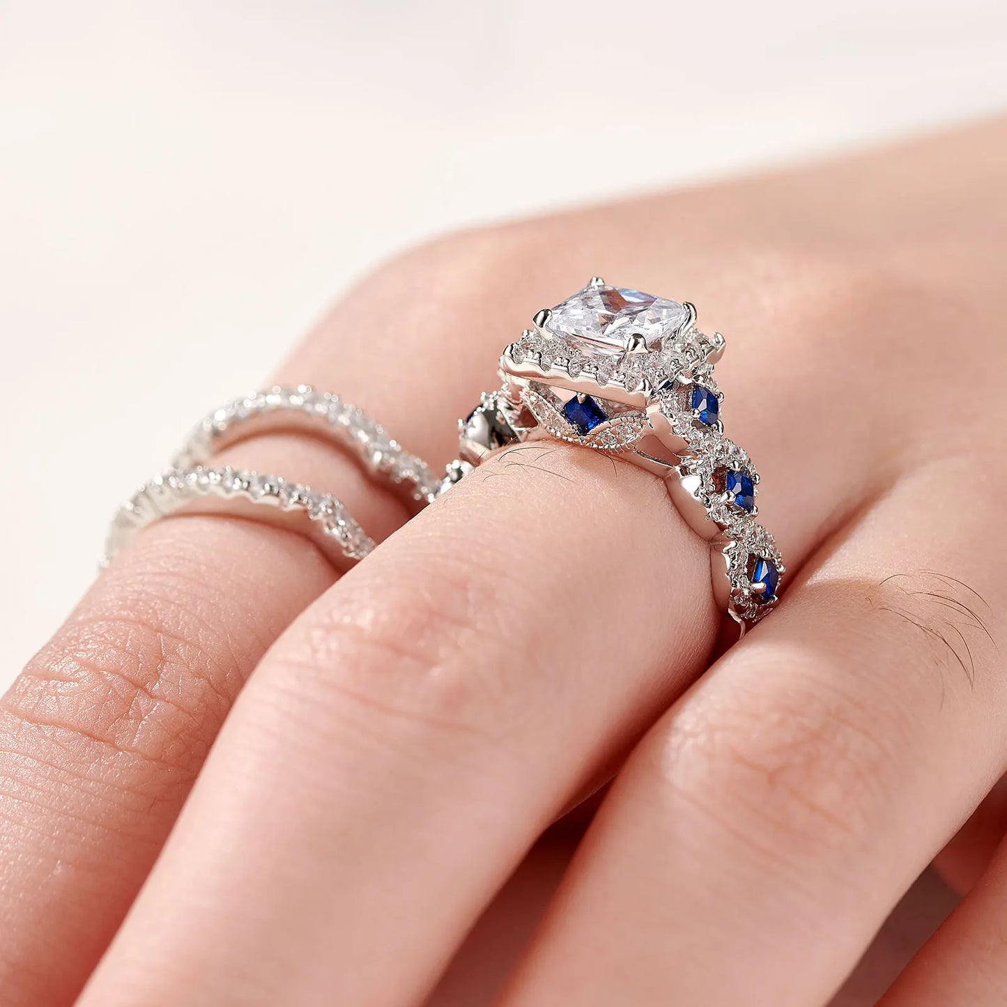 Newshe 3-Piece Women’s Wedding Ring Set – 925 Silver 2.6Ct Princess Cut White & Blue CZ Bridal Jewelry