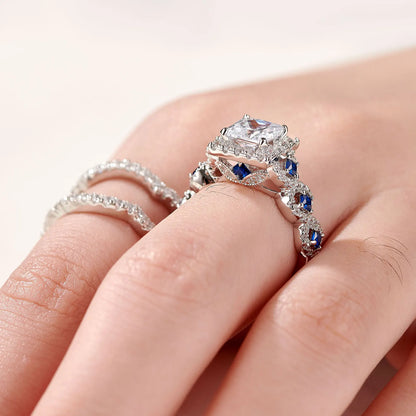 Newshe 3-Piece Women’s Wedding Ring Set – 925 Silver 2.6Ct Princess Cut White & Blue CZ Bridal Jewelry