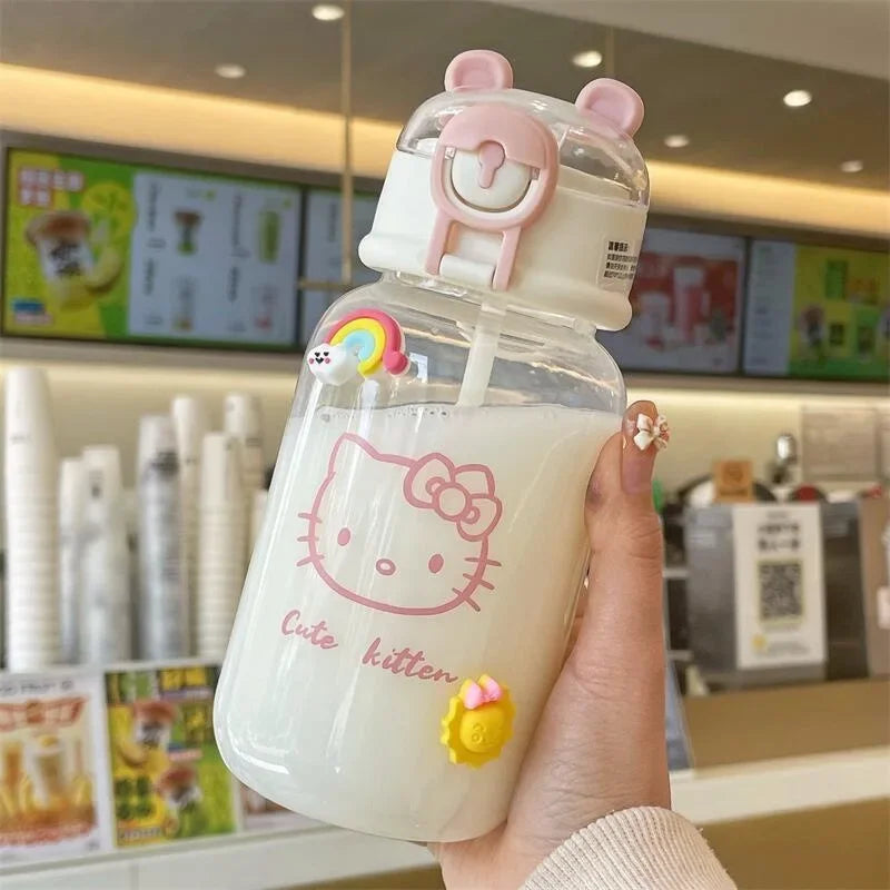 Sanrio Anime Transparent Straw Cup – Hello Kitty & Pochacco 500ML Plastic Water Cup with Handle for Students