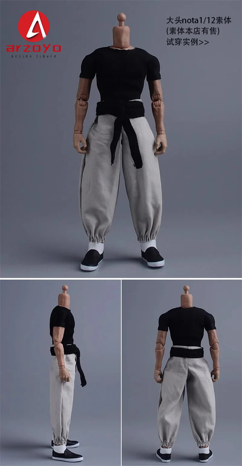 1/12 Scale Vintage Kung Fu Outfit – T-Shirt, Lantern Pants & Suit Clothes for 6" Romankey Male Action Figures