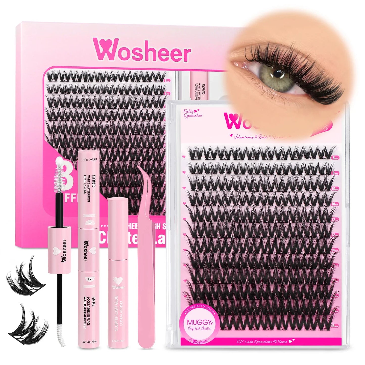 WOSHEER DIY Eyelash Cluster Kit – Faux Mink Lash Extensions with Bond, Seal & Remover for Natural Thick Individual Lashes