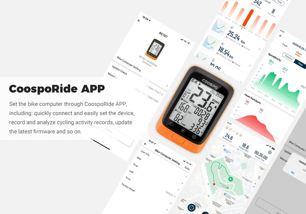 Coospo BC107 GPS Bike Computer — 2.4" Wireless Odometer & Speedometer, Bluetooth 5.0, ANT+, Waterproof