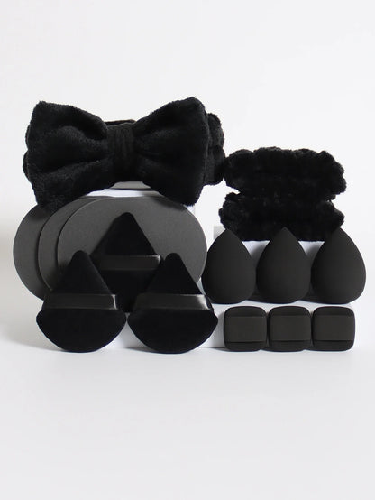 15Pcs Multi-Colored Fluffy Headband & Makeup Sponge Set - Sweet Style Beauty Essentials