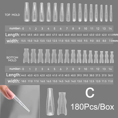 180pcs Sandwich Dual Nail Forms – 15 Sizes Coffin & Almond Nail Extension Molds for Manicure, Top & Bottom Forms