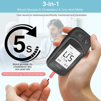 3-in-1 Multifunction Cholesterol, Uric Acid, and Blood Glucose Meter – Diabetes, Gout, and Blood Sugar Monitor with Test Strips