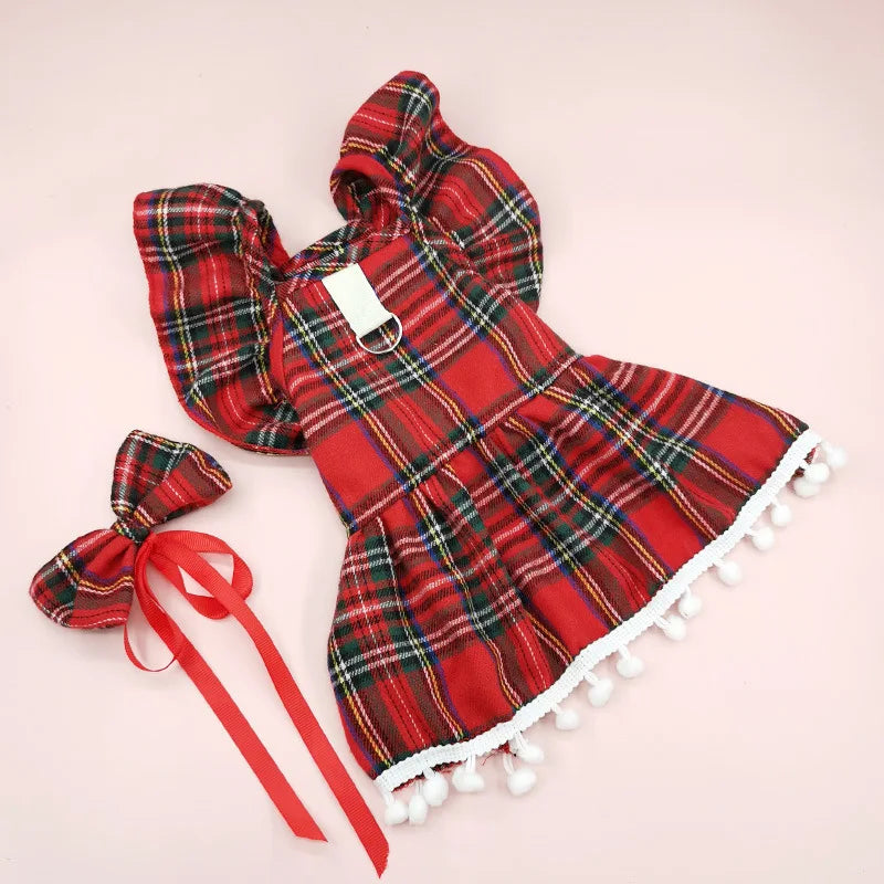 Christmas Dog Dress with Straps - Festive Autumn/Winter Skirt for Small Dogs, Cat Pet Clothing in Checker Pattern for Holiday Cosplay