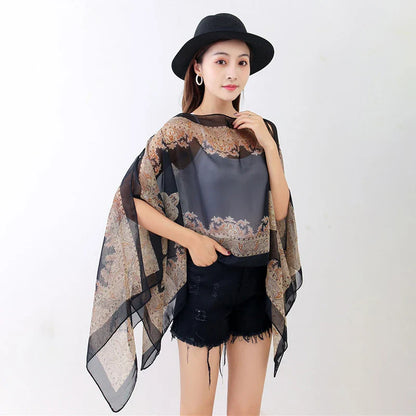 Women’s Summer Beach Shawl – Loose Chiffon Bikini Cover-Up Blouse with Buttons Sun Protection Scarf