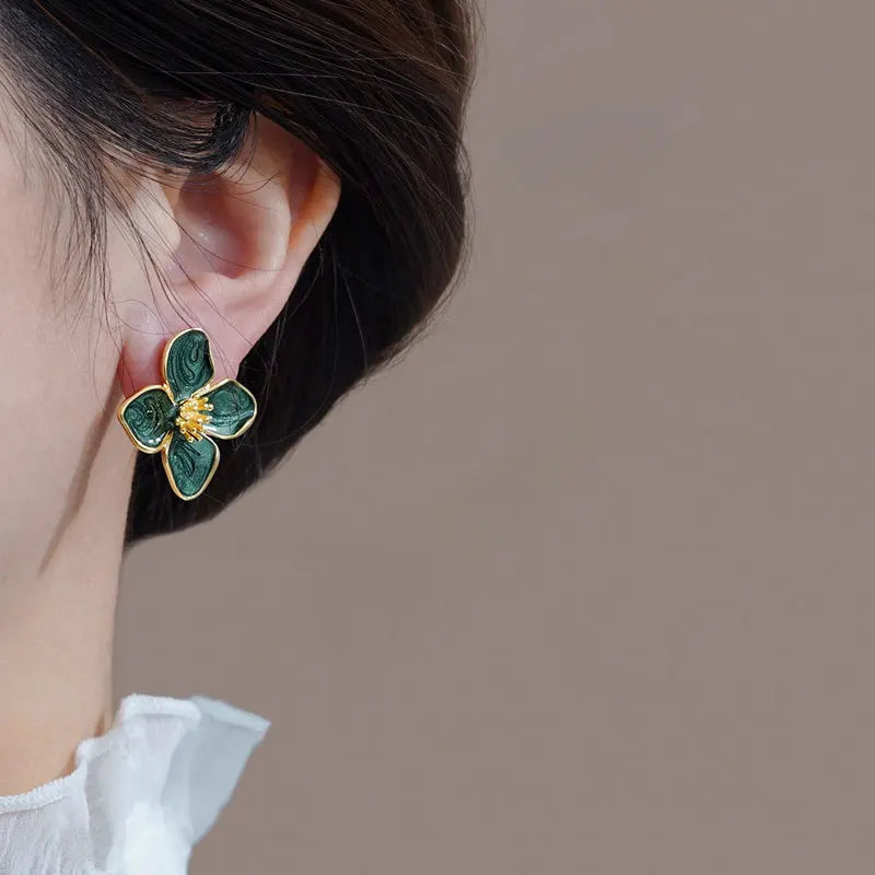 Hibiscus Flower Dropped Glaze Stud Earrings — French Vintage 2024 Fashion Jewelry for Women & Girls, Romantic Wedding Gift