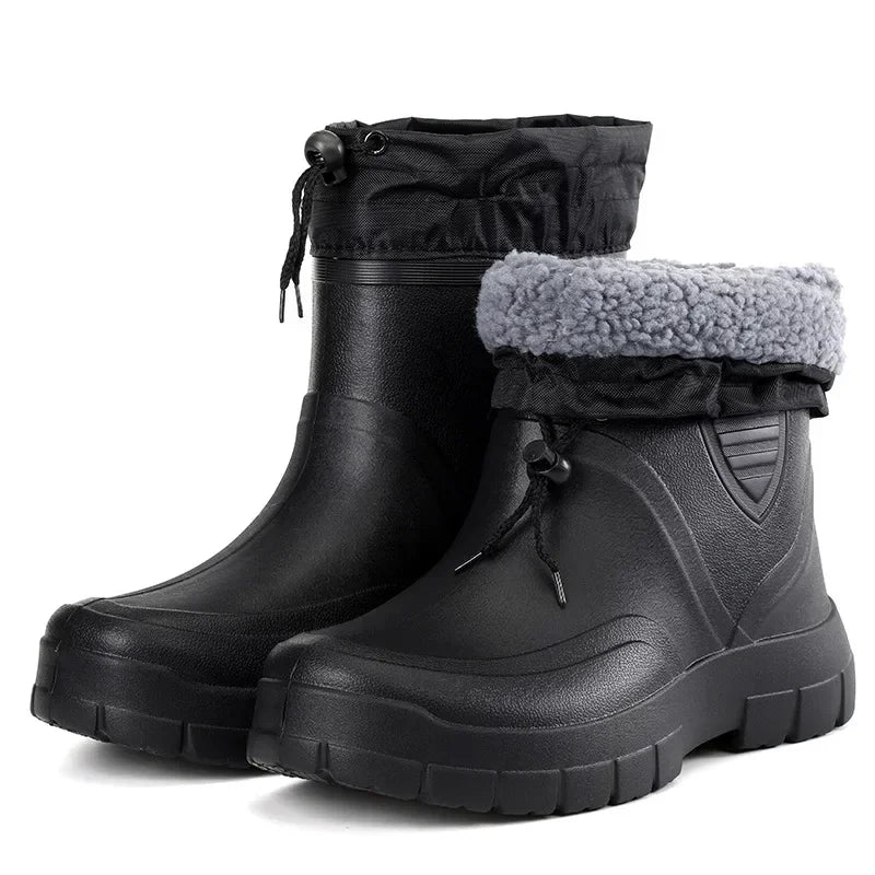 Winter Windproof Cotton Rain Boots for Men, Warm Waterproof Ankle Rain Shoes, Slip-On Fashion Work Boots, 2024