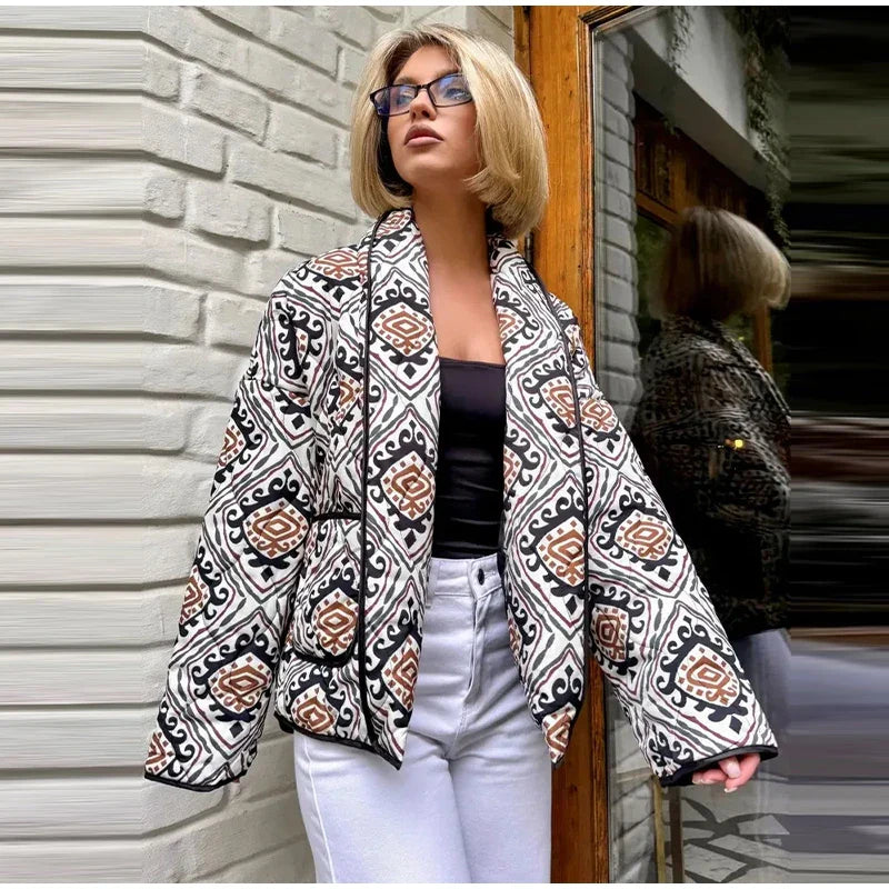 2025 Women’s Printed Quilted Padded Jacket – Collared Cotton Coat with Contrast Piped Pockets, Casual Autumn Outerwear