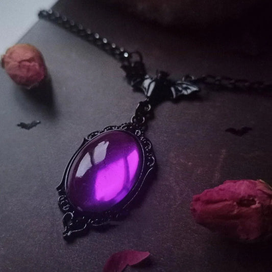 Gothic Vampire Blood Drop Necklace — Vintage Purple & Red Bat Eye Pendant, Witch Jewelry Accessory Gift for Women