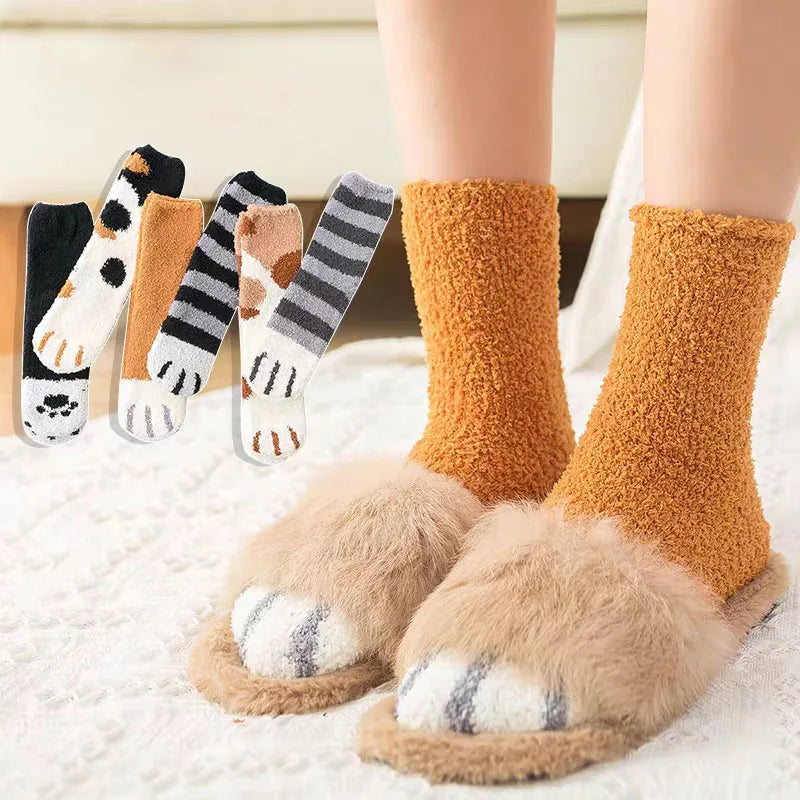 Women's Winter Warm Fluffy Socks - Cute Animal Claw and Cat Paw Prints, Thick Coral Fleece Home and Sleep Socks