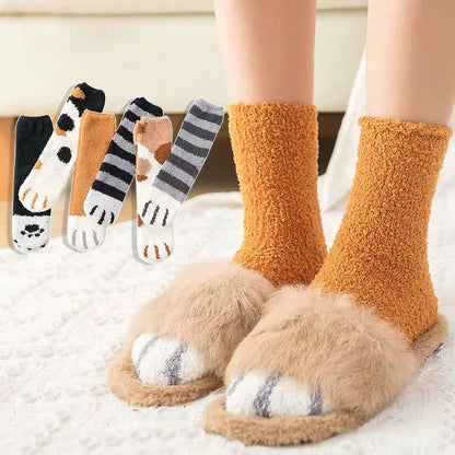 Women's Winter Warm Fluffy Socks - Cute Animal Claw and Cat Paw Prints, Thick Coral Fleece Home and Sleep Socks