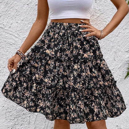 Women’s Floral Spliced Cake Skirt – Knee-Length Casual Skirt with Elastic Waist Strap, Comfortable Versatile Fashionable Design