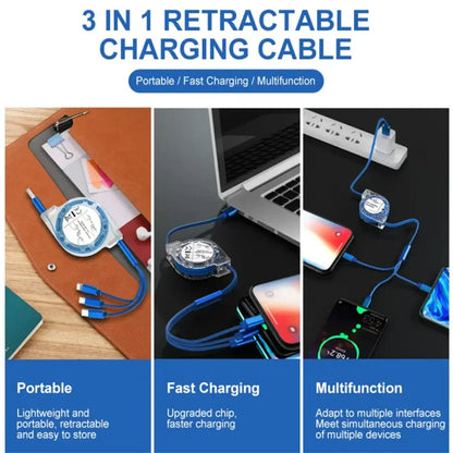 3-in-1 Retractable USB Data Cable – Fast Charging for iPhone, Type-C & Micro USB, Compatible with Android, Xiaomi, Huawei, Samsung