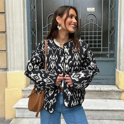 PB&ZA 2024 Spring Women's Fashion – Elegant Short Quilted Jacket Coat with Printed Design, Versatile Round Face Cut
