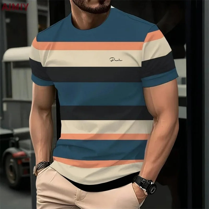 Men’s Striped Print Summer T-Shirt – Casual Round Neck Short Sleeve Outdoor Fashion Tee Shirt