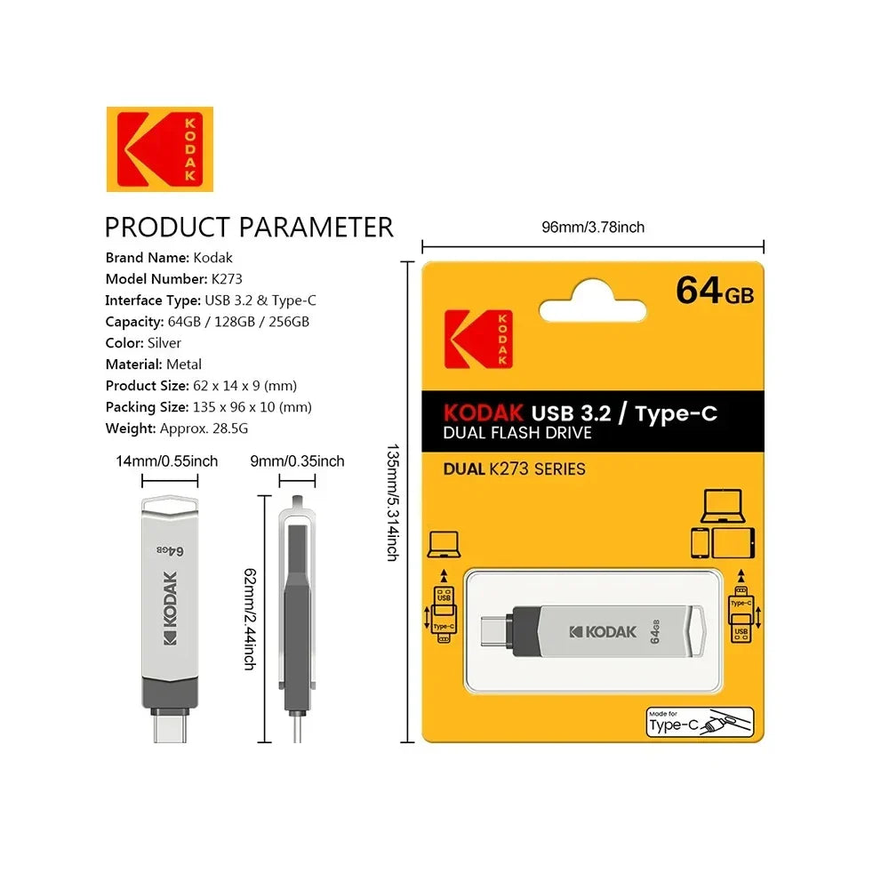KODAK USB 3.2 Type-C Flash Drive – High-Speed 32GB/128GB/256GB Dual Memory Stick for Smartphone & Laptop